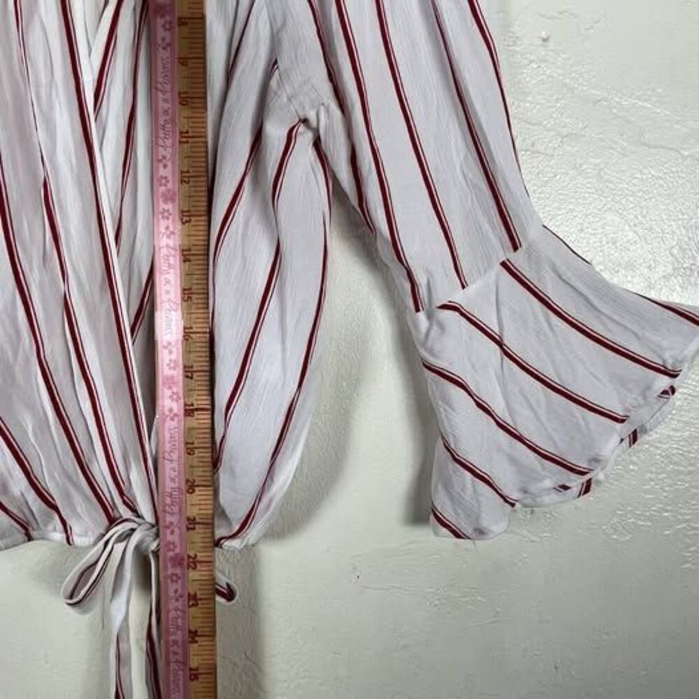 Women’s Off Shoulder Tie Front Smocked Waist Peasant Blouse Red Stripe M - Picture 7 of 10
